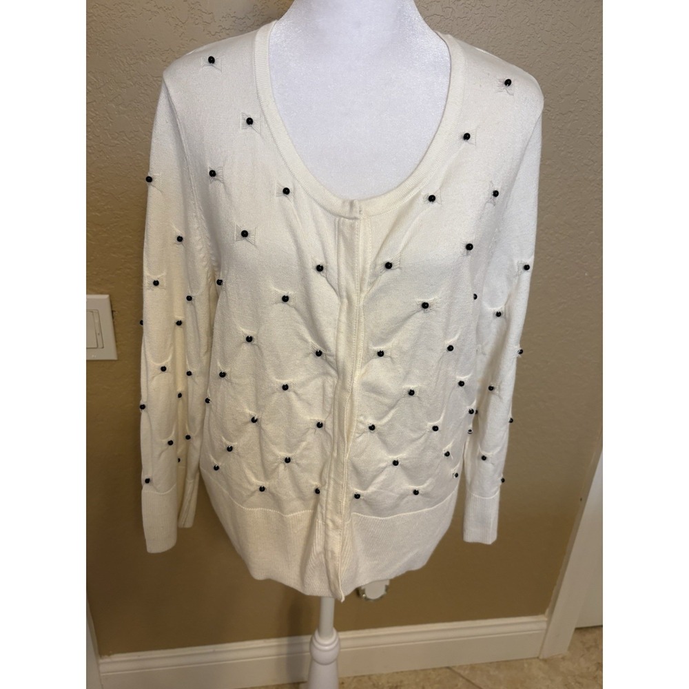 White House Black Market White Black Beaded Cardigan, XL
